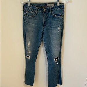 Ag Adriano Goldschmied Blue Ankle Cropped Light Blue Distressed Kick Flare Jeans